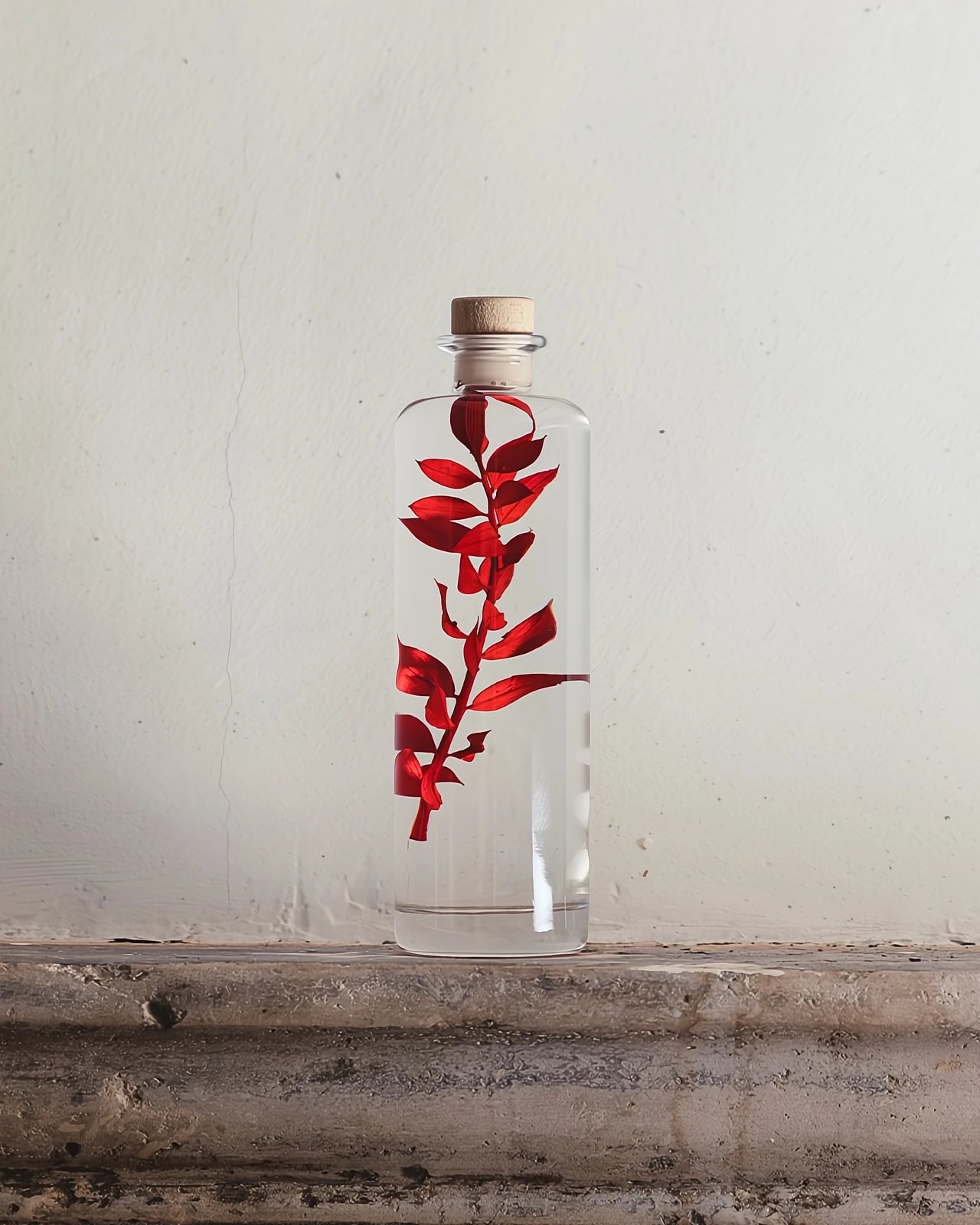 wabi sabi herbarium giapponese artigianali con fiori conservati in bottiglia di vetro farmaceutico e tappo in legno naturale - ramo di ruscus rosso - dimensione grande
