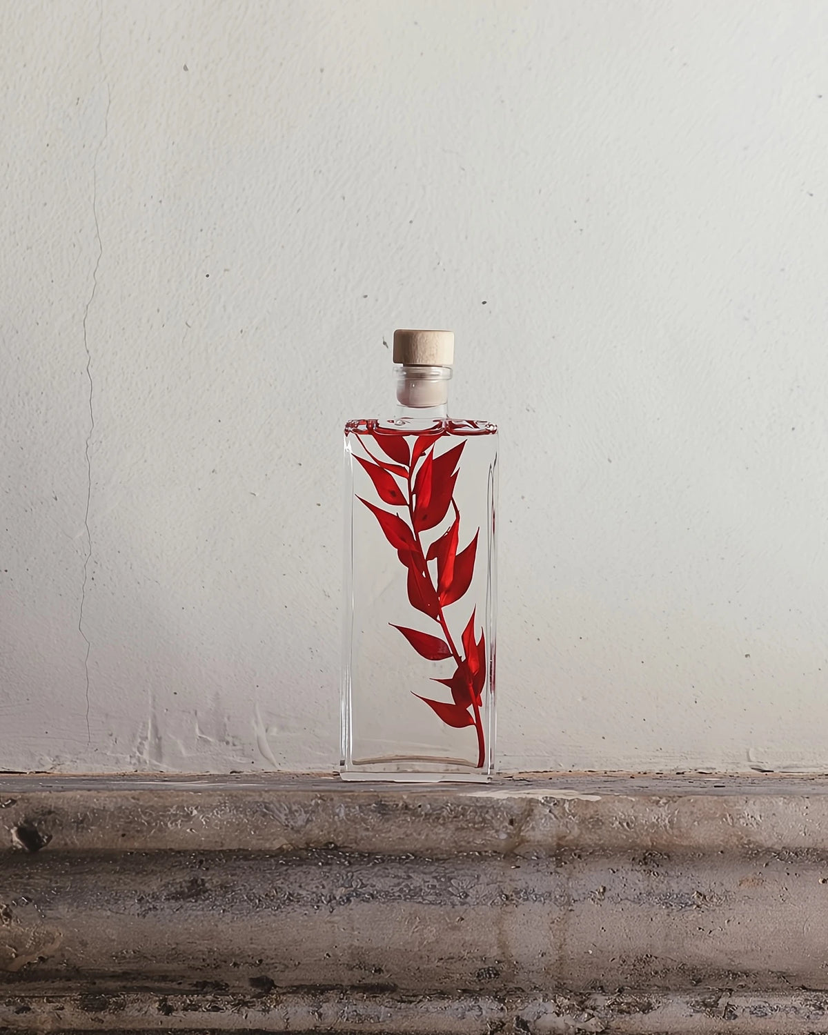 wabi sabi herbarium giapponese artigianali con fiori conservati in bottiglia di vetro farmaceutico e tappo in legno naturale - ramo di ruscus rosso - dimensione media